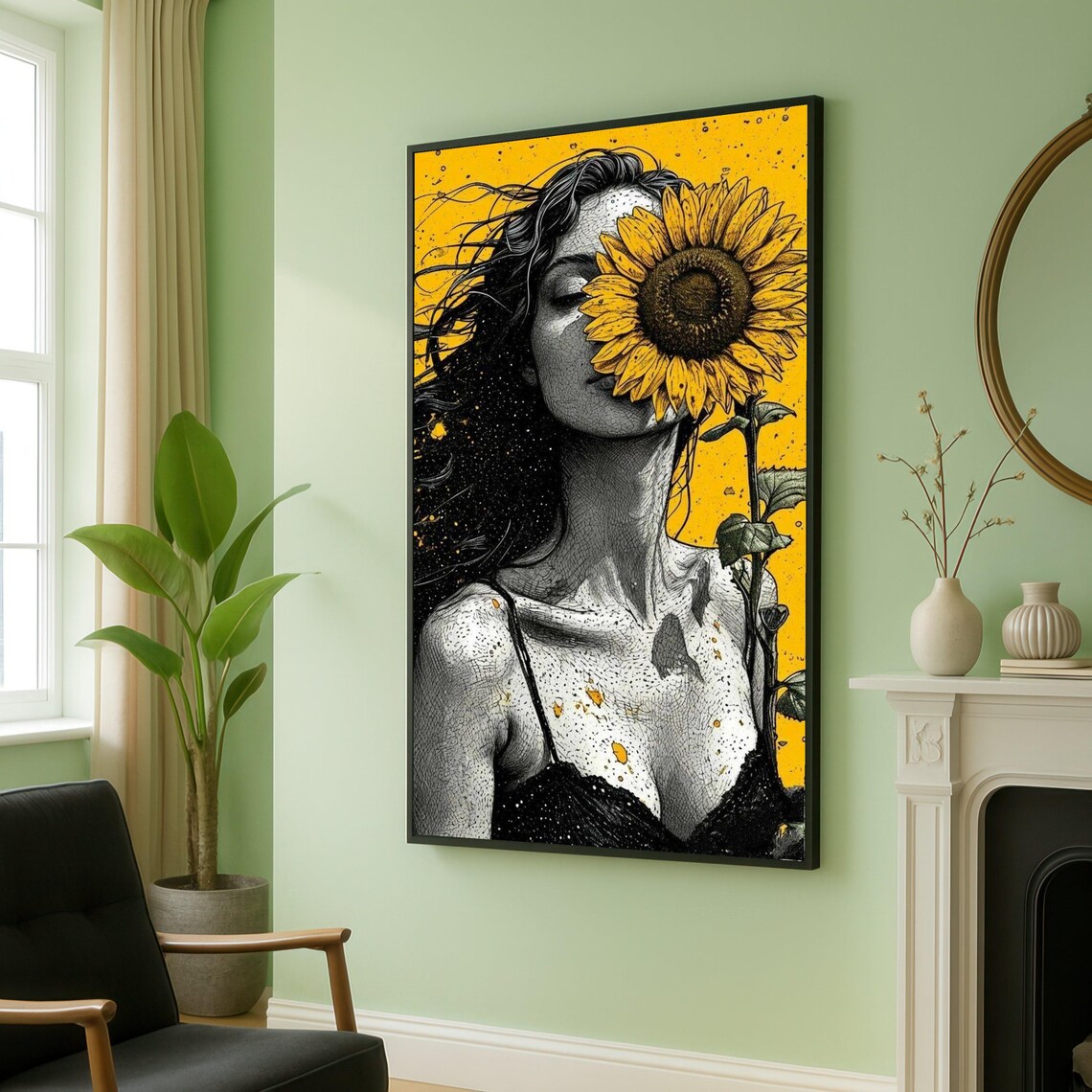 Woman Portrait with Sunflower Bold Yellow Modern Floral Art Poster