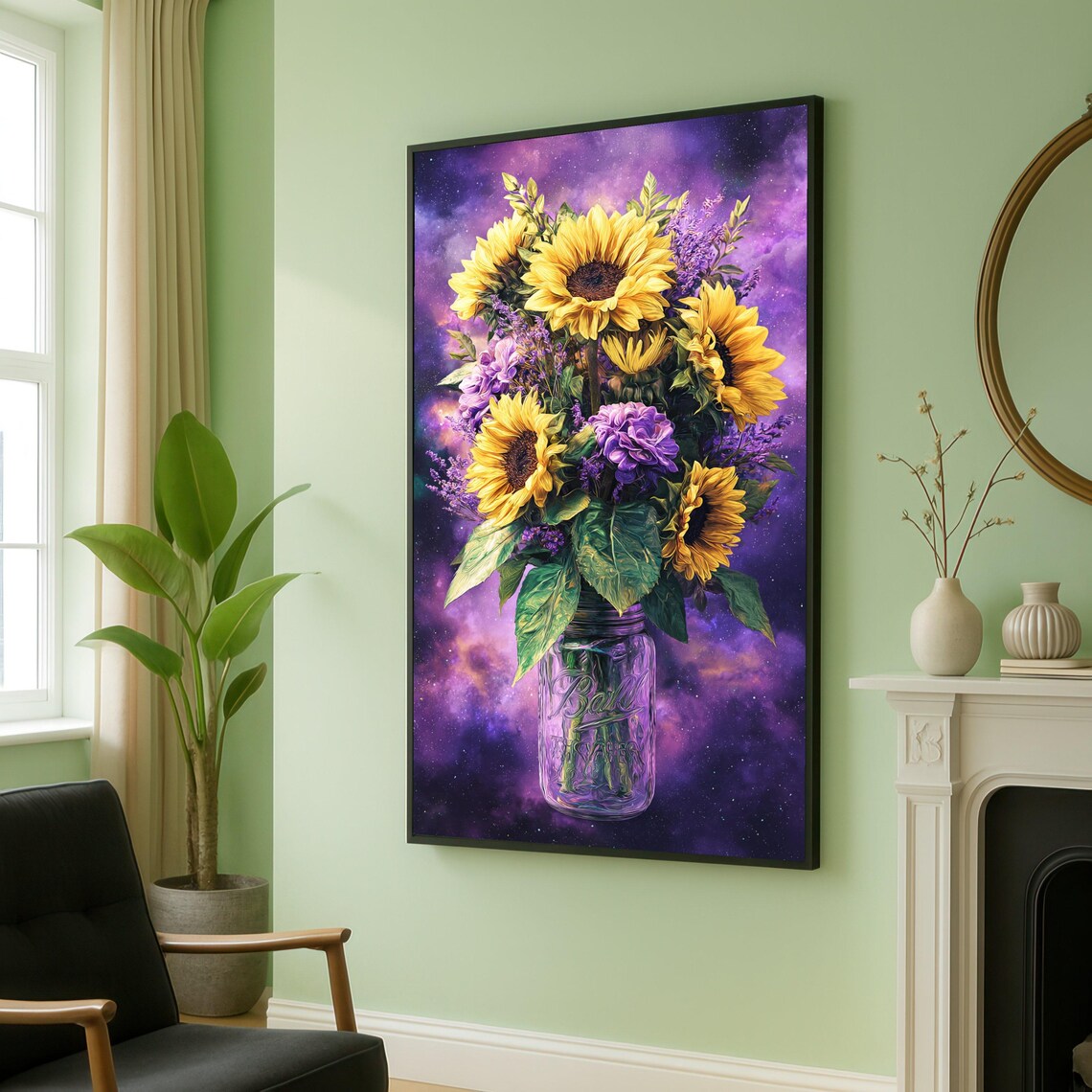 Sunflowers And Purple Flowers In Mason Jar Galaxy Art Poster