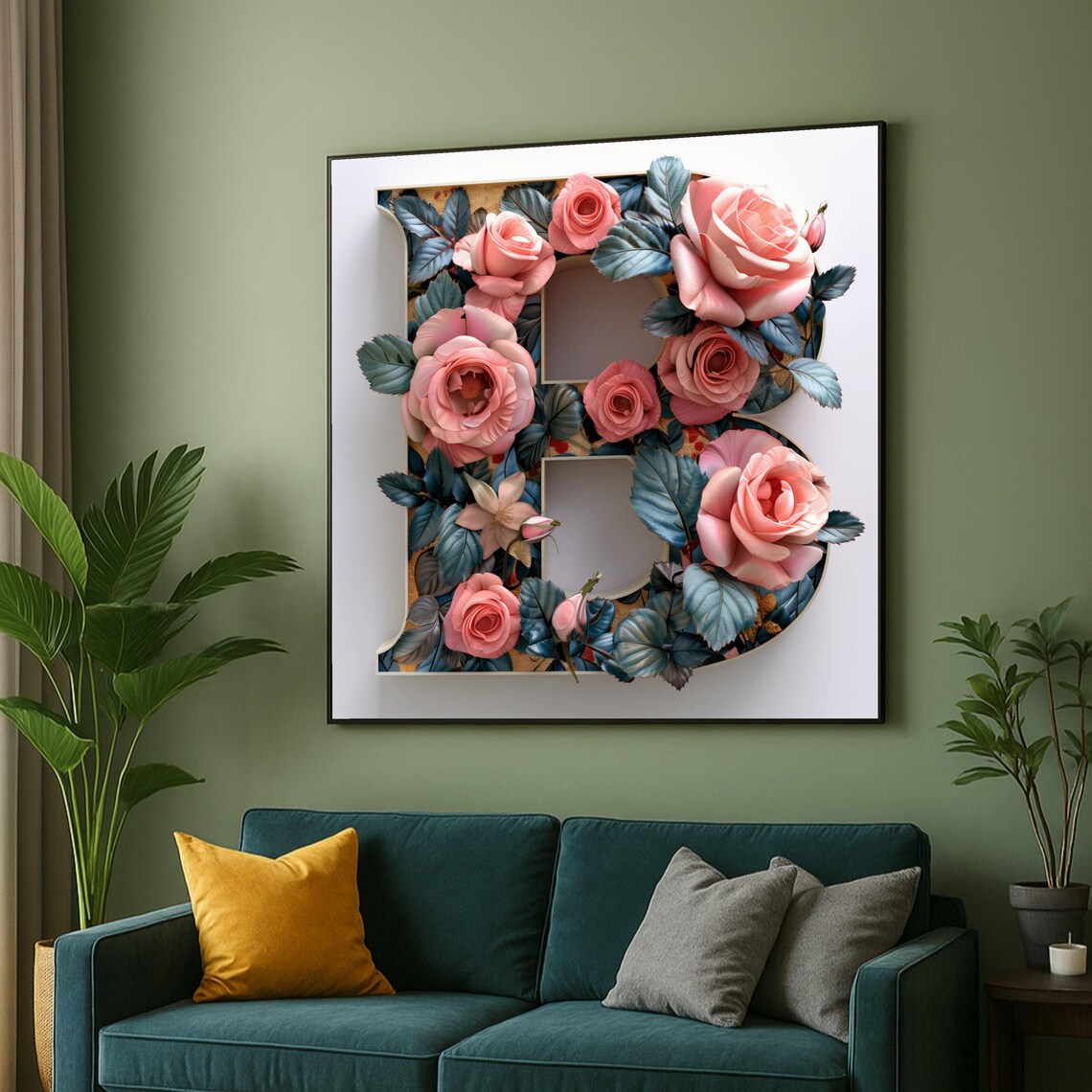 Floral Letter B Monogram Pink Roses Botanical Alphabet Wall Poster