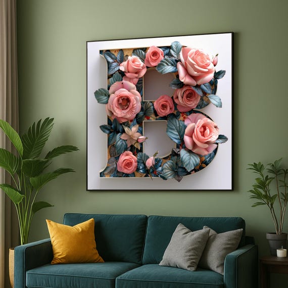 Floral Letter B Canvas Wall Art Pink Roses And Blue Leaves Botanical Initial Elegant Alphabet Home Decor Ready To Hang Artwork