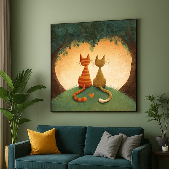 Romantic Cat Couple Canvas Wall Art Heart Shape Tree Scene Whimsical Feline Illustration Cute Animal Love Decor Cozy Home Decoration