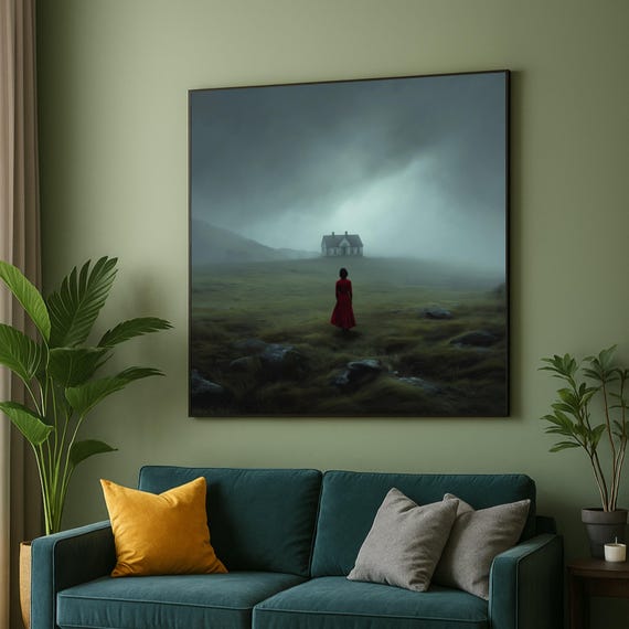Mysterious House In Fog Woman Red Dress Canvas Atmospheric Landscape Wall Art Moody Home Decor Foggy Evening Scene
