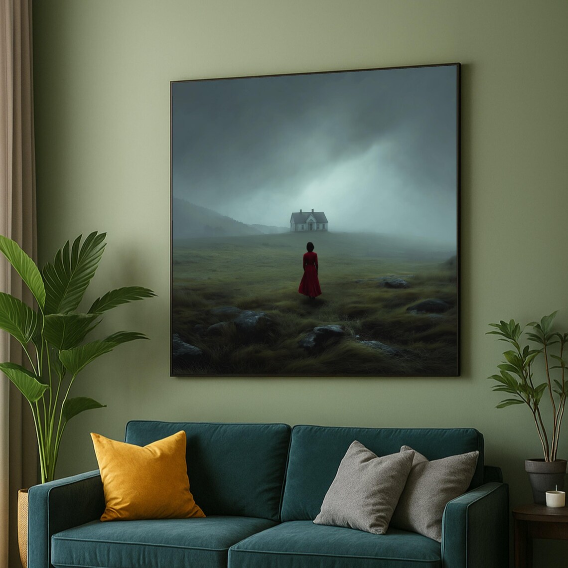 Mysterious Woman In Red Dress Walking To Foggy Moor House Poster