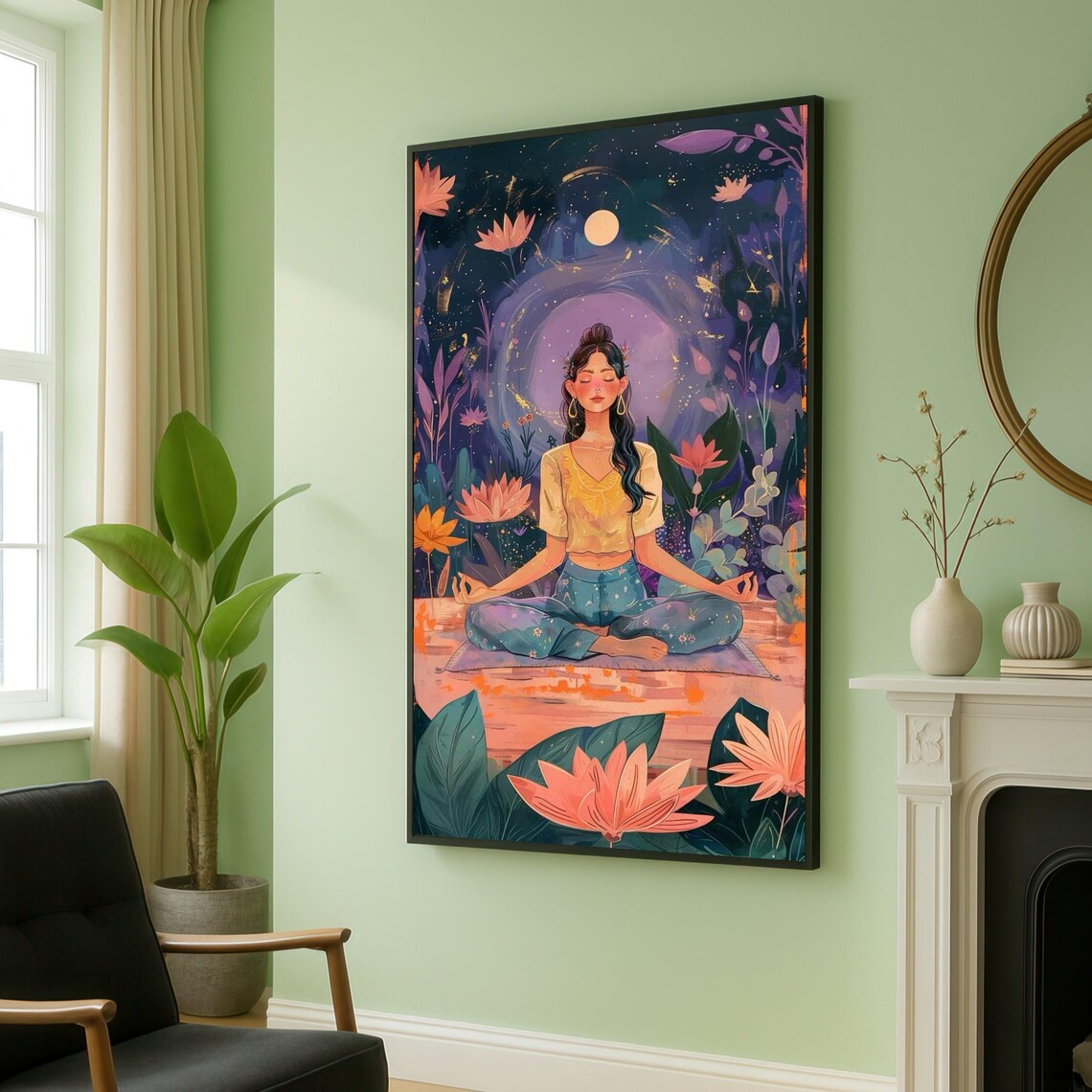 Meditating Woman in Night Garden Moon Lotus Floral Art Poster