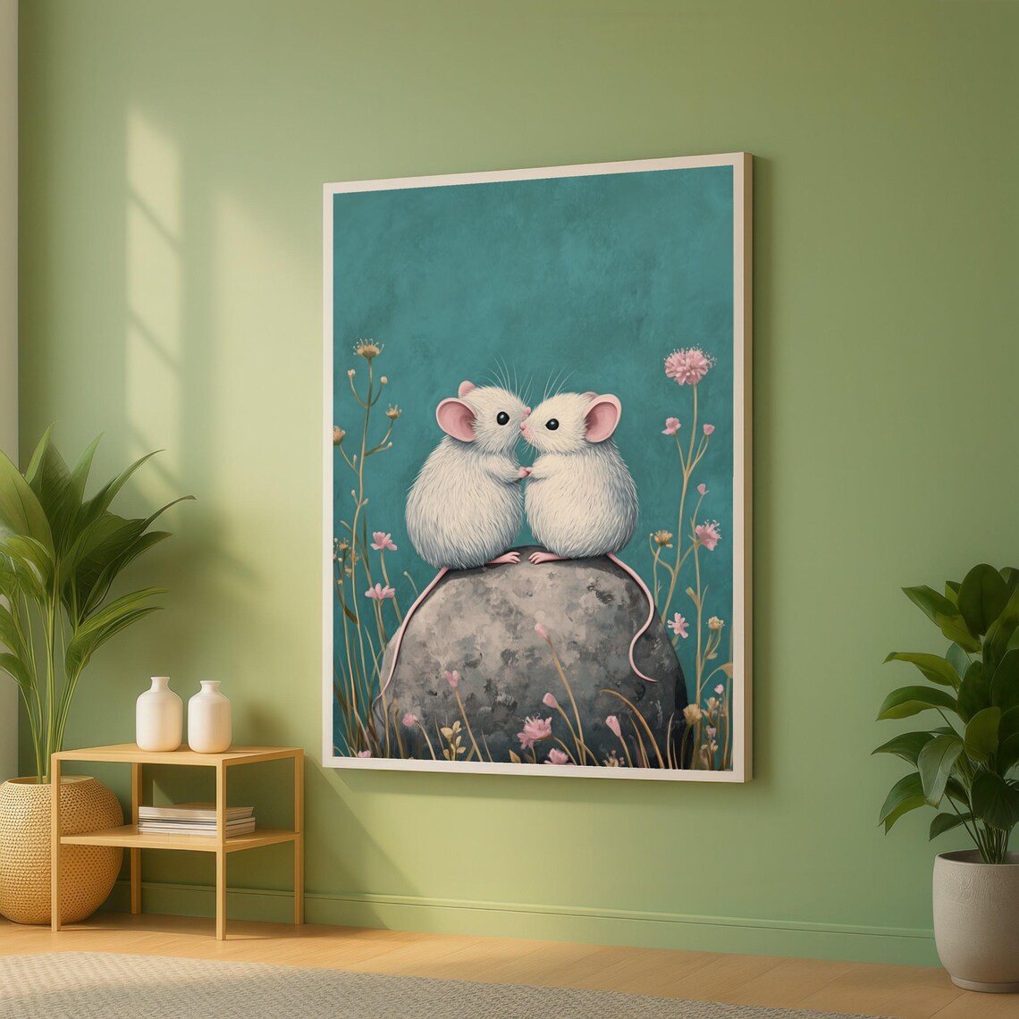 Two Cute White Mice Nuzzling on a Rock in Floral Garden Poster