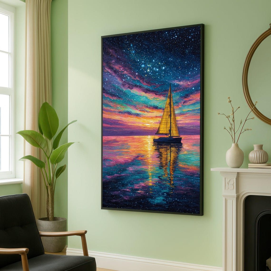 Starry Sunset Sailboat Colorful Ocean Reflection Seascape Poster