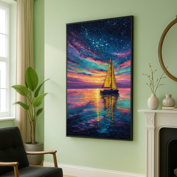 Starry Sunset Sailboat Colorful Ocean Reflection Seascape Poster