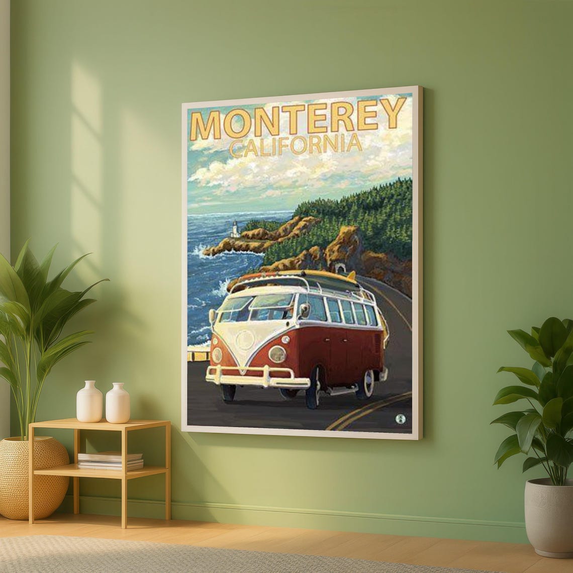 Monterey California Red VW Campervan Coastal Road Trip Poster