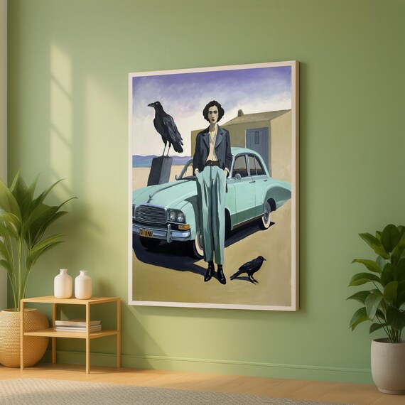 Rebecca Aldernet Vintage Style Woman With Classic Car And Crows Canvas Retro Figurative Wall Art Surreal Portrait Painting Modern Home