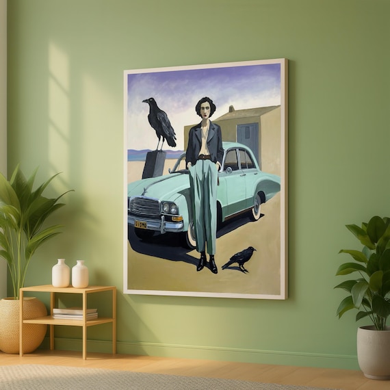 Woman with Vintage Car and Crows Desert Retro Figurative Art Poster