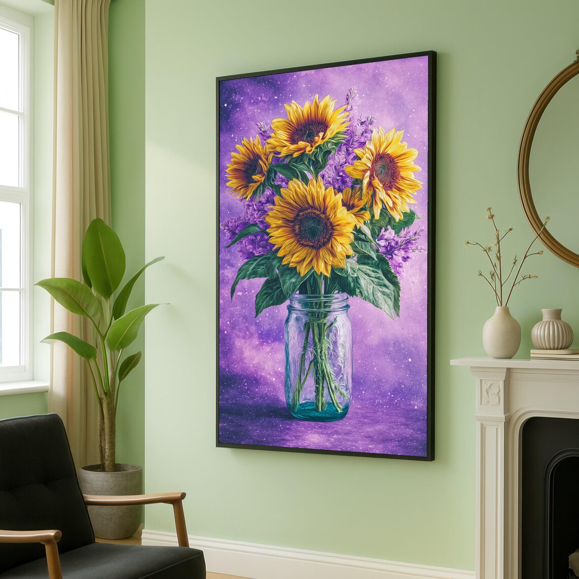 Sunflower Bouquet In Mason Jar Purple Galaxy Floral Art Print