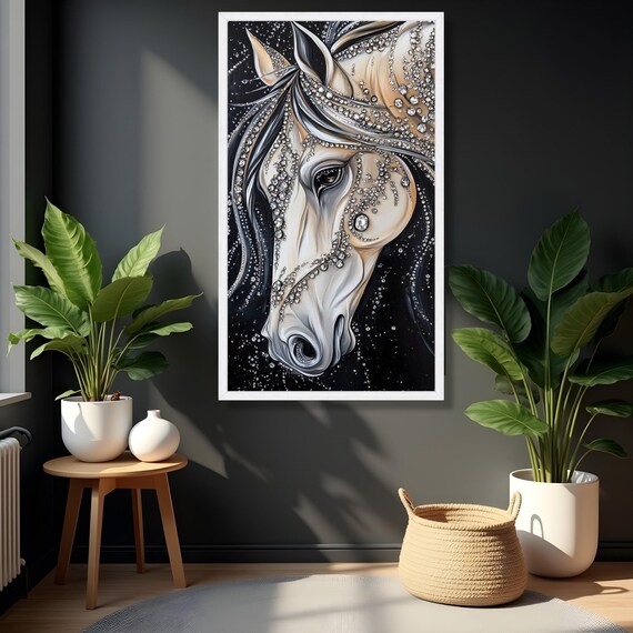 Sparkling Crystal Rhinestone White Horse Head Glamorous Luxury Poster