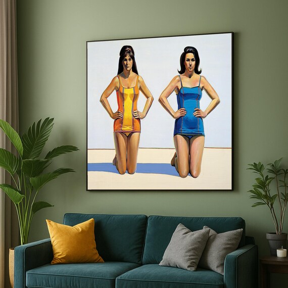 Wayne Thiebaud Style Beachwear Canvas Retro Swimsuit Art Vintage Women Portrait Bold Color Wall Home Decor Print