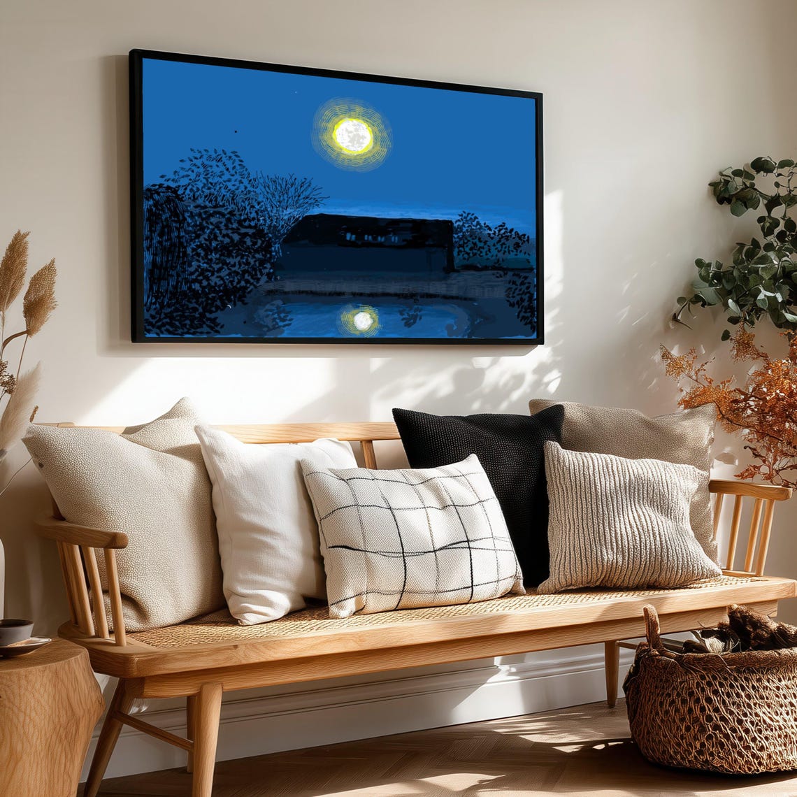 Moonlit Night Pond Glowing Full Moon Reflection Landscape Poster