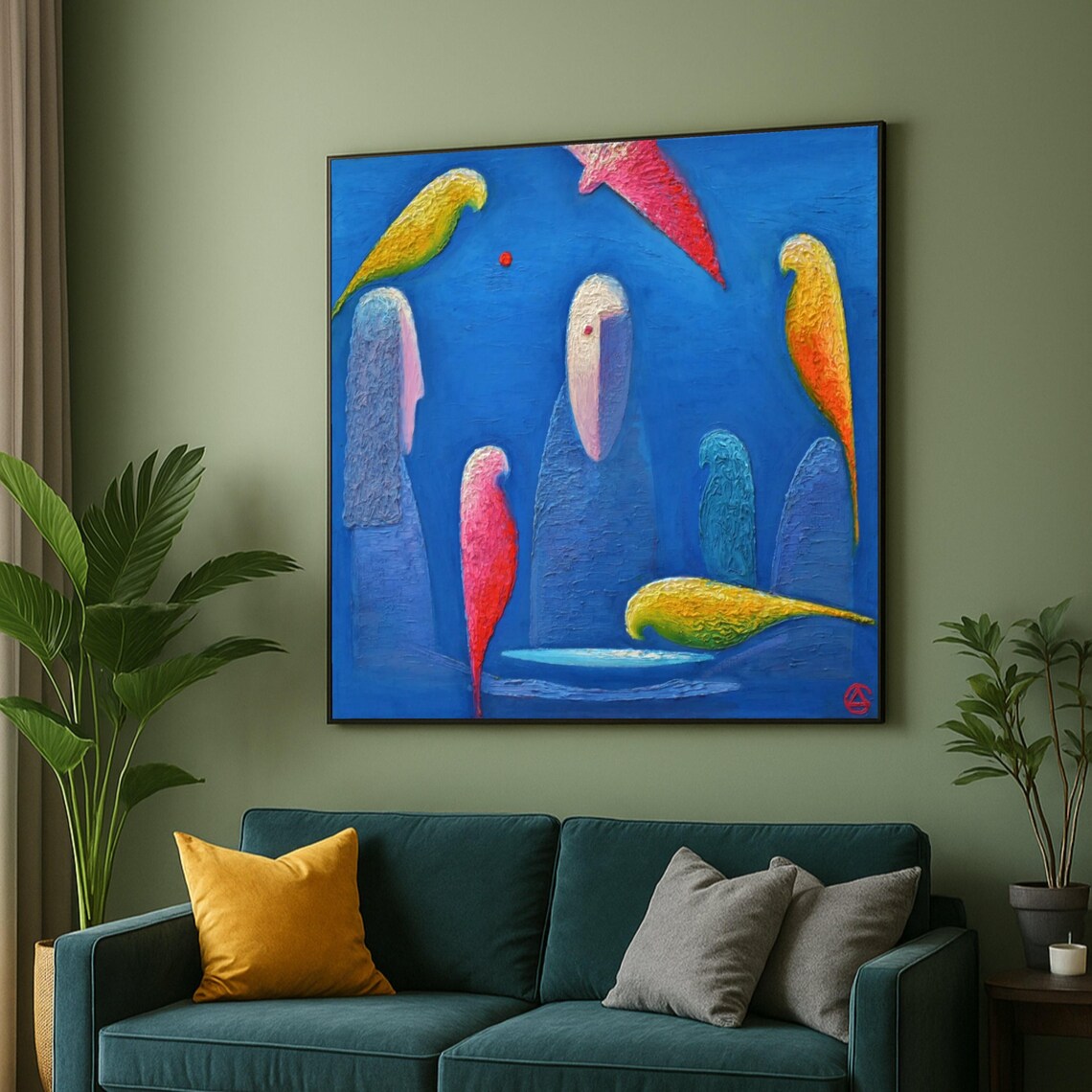 Surreal Figures With Colorful Birds Blue Abstract Oil Painting Print
