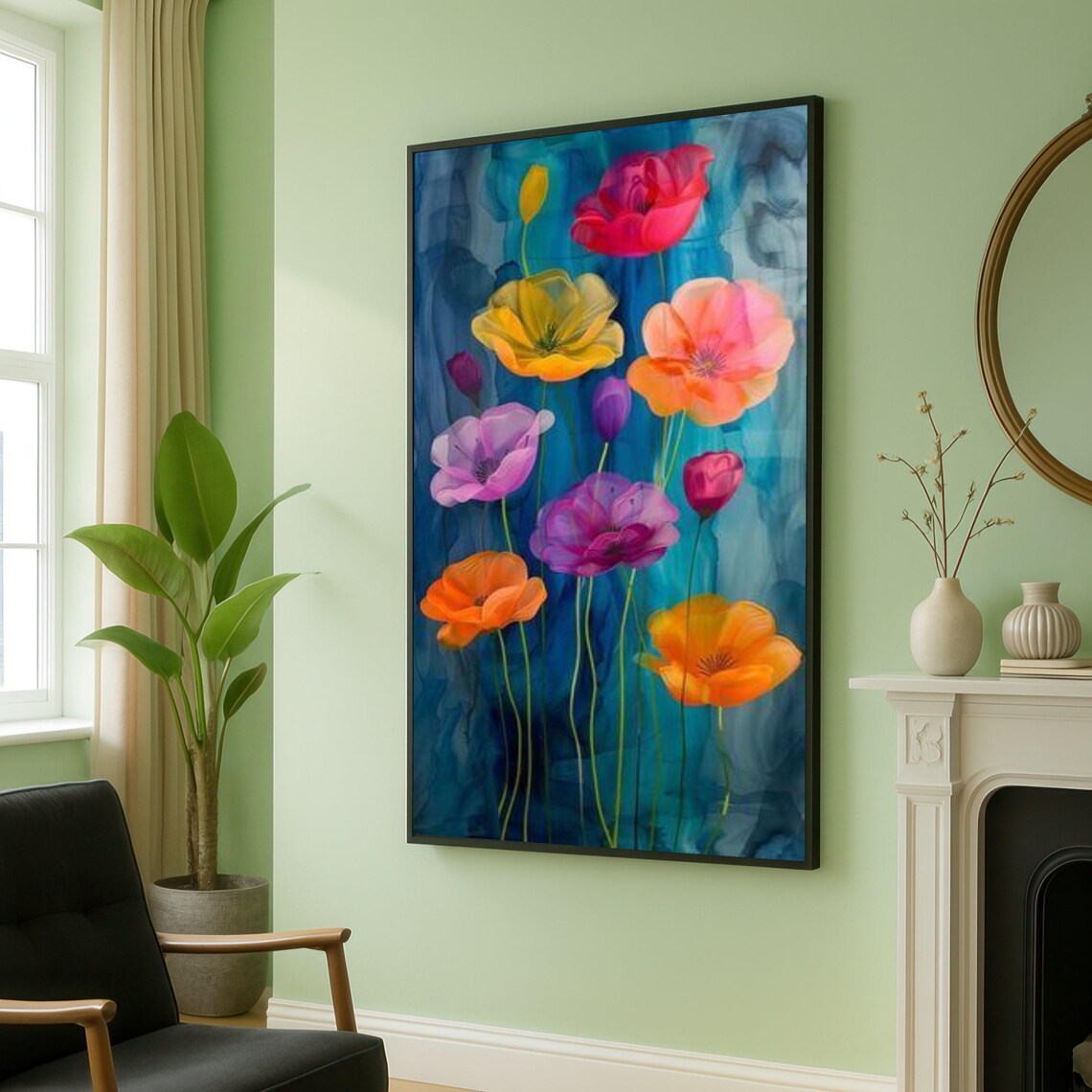Vibrant Poppies Watercolor Blooming Flowers on Teal Background Poster