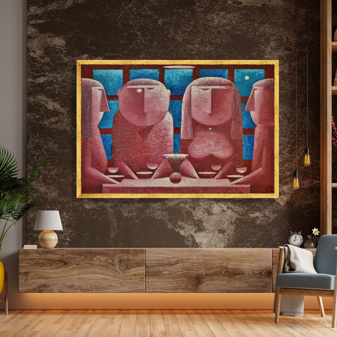 Cubist Red Blue Figures Group Scene Modern Abstract Art Print