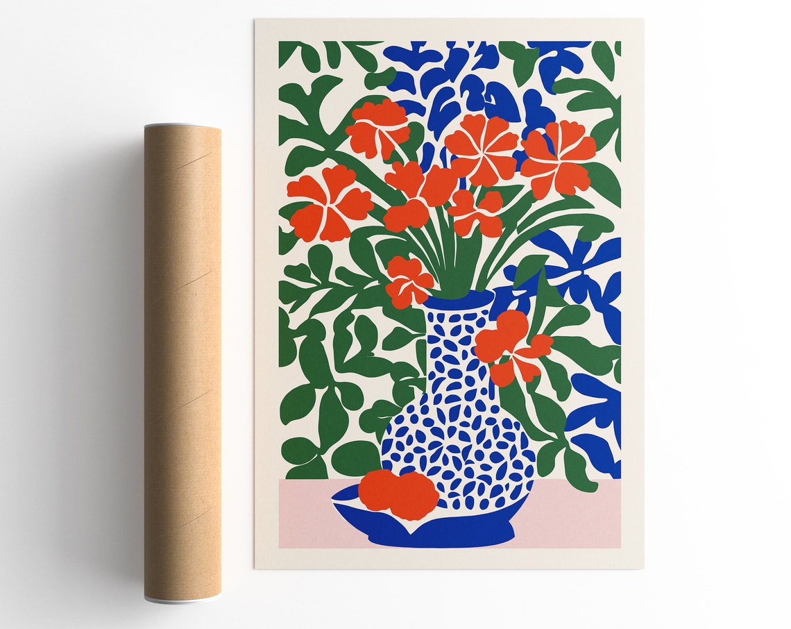 Abstract Retro Flower Botanical Pink Blue Vase Floral Art Poster