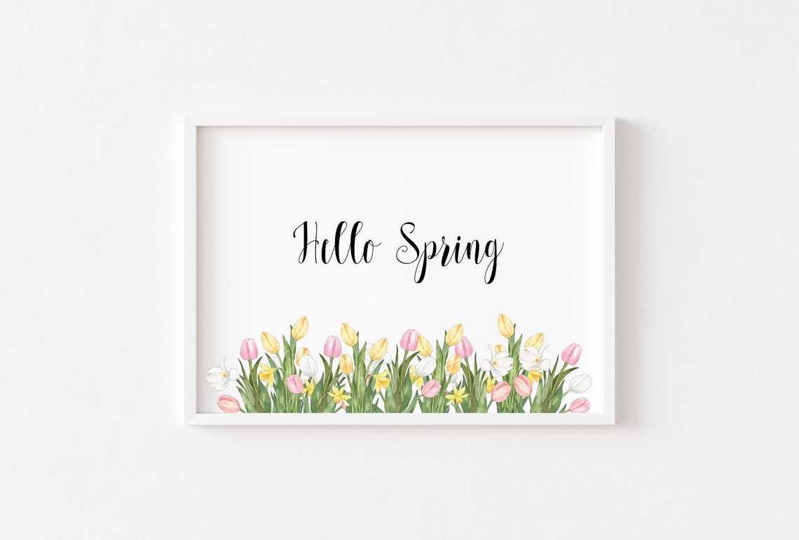 Hello Spring Watercolor Tulips Daffodils Seasonal Floral Poster