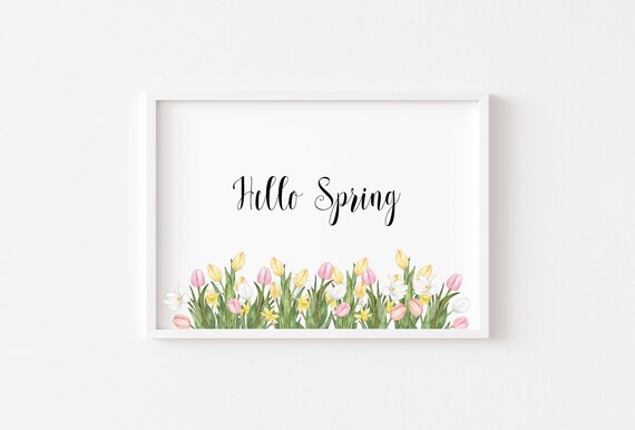 Hello Spring Watercolor Tulips Daffodils Seasonal Floral Poster