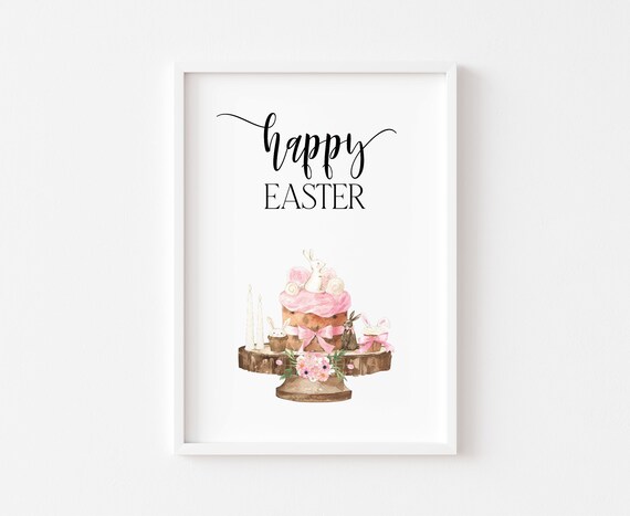 Happy Easter Watercolor Bunny Cake Pink Floral Spring Poster