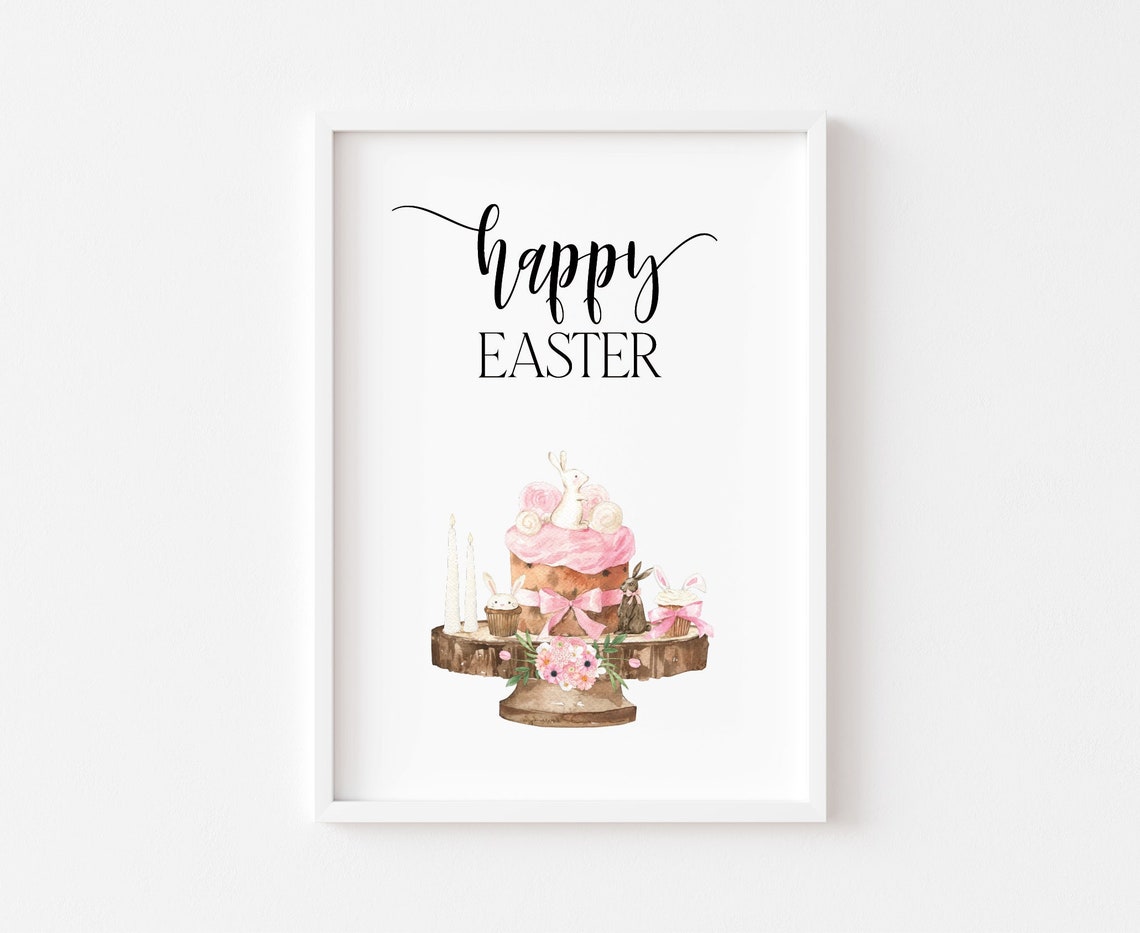 Happy Easter Watercolor Bunny Cake Pink Floral Spring Poster