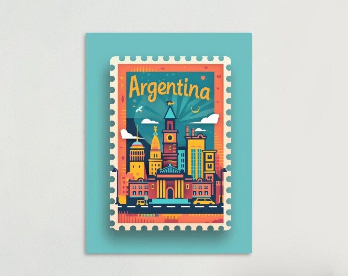 Argentina City Skyline Vintage Postage Stamp Style Travel Poster