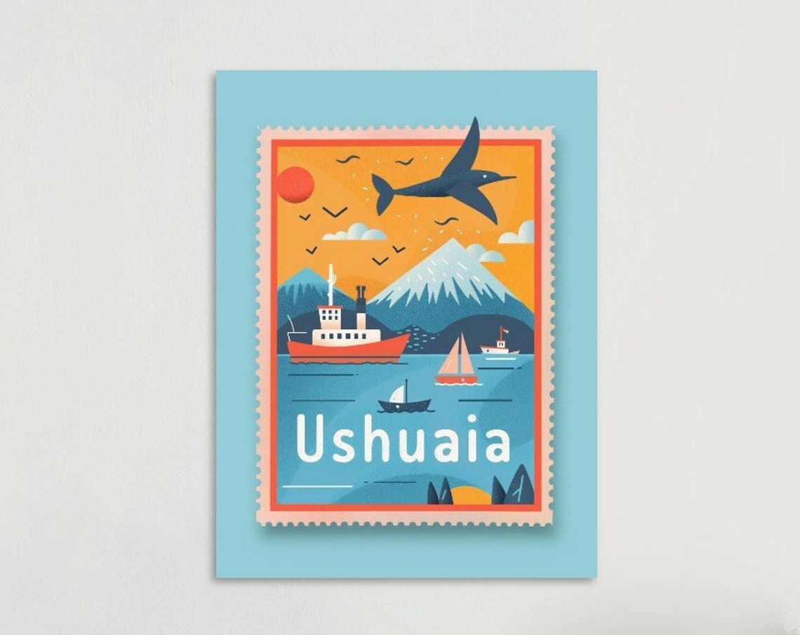 Ushuaia Argentina Ships Mountain Retro Stamp Travel Art Poster