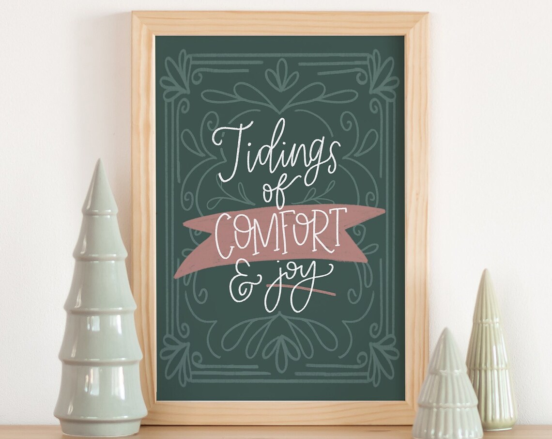Green Tidings Of Comfort And Joy Hand Lettered Christmas Poster