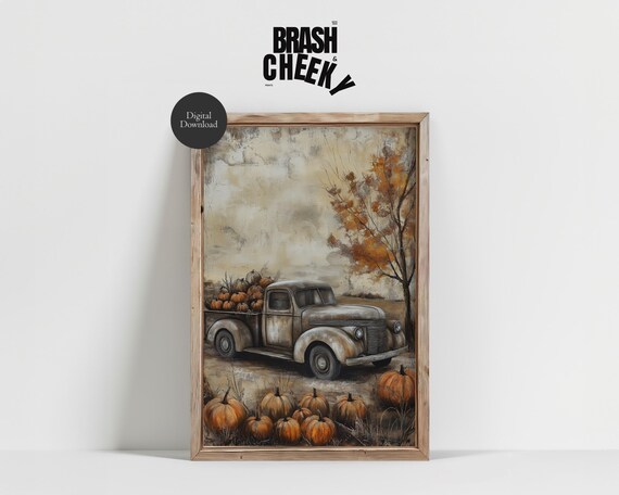 Vintage Truck Loaded With Pumpkins Fall Farm Scene Art Print