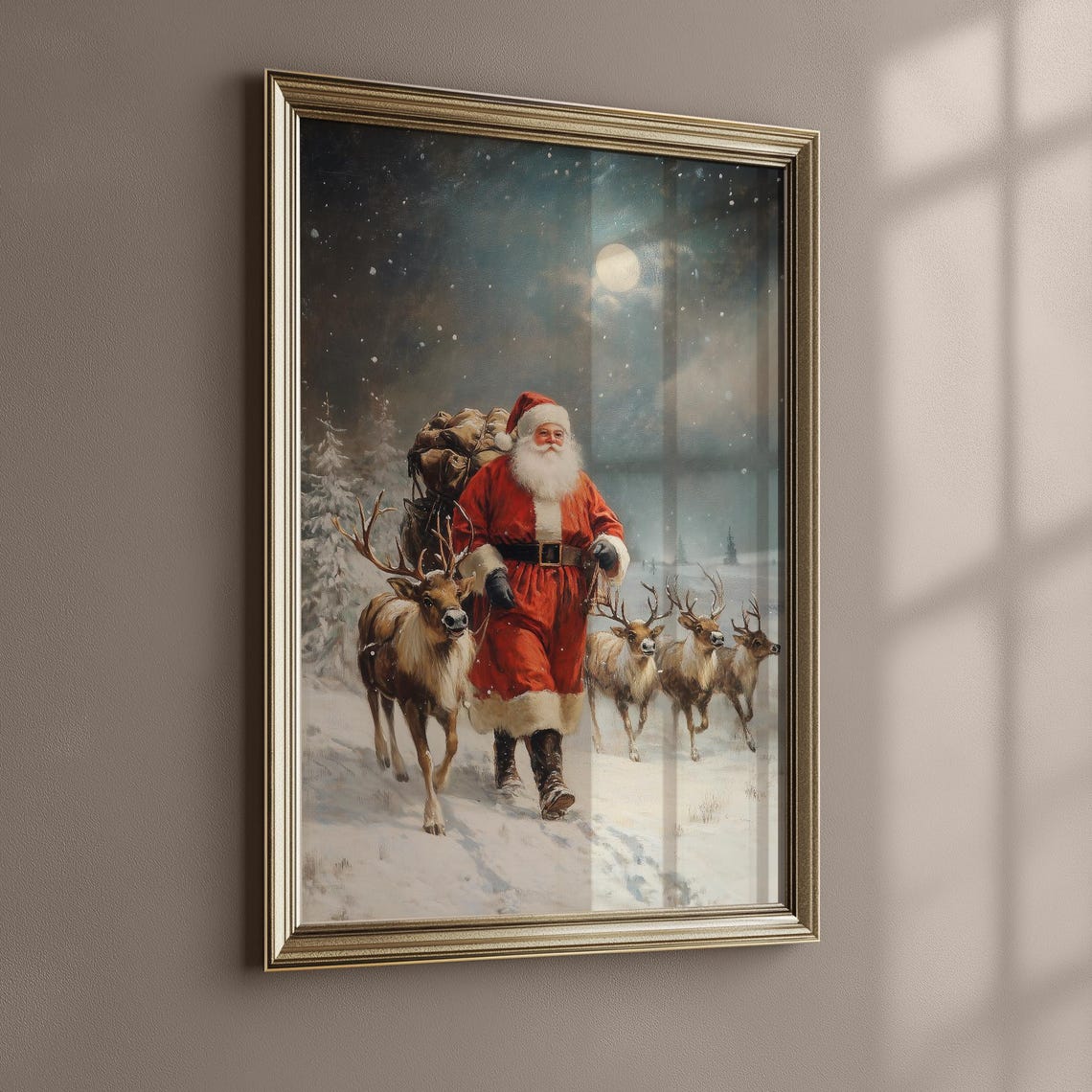 Vintage Santa Claus With Reindeer Under Full Moon Snowy Night Print - Image 2