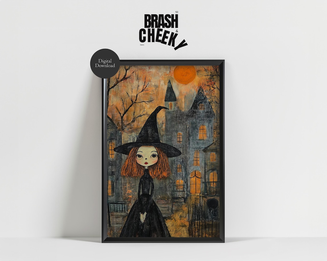 Little Witch Girl Haunted Castle Orange Moon Spooky Gothic Wall Art - Image 3