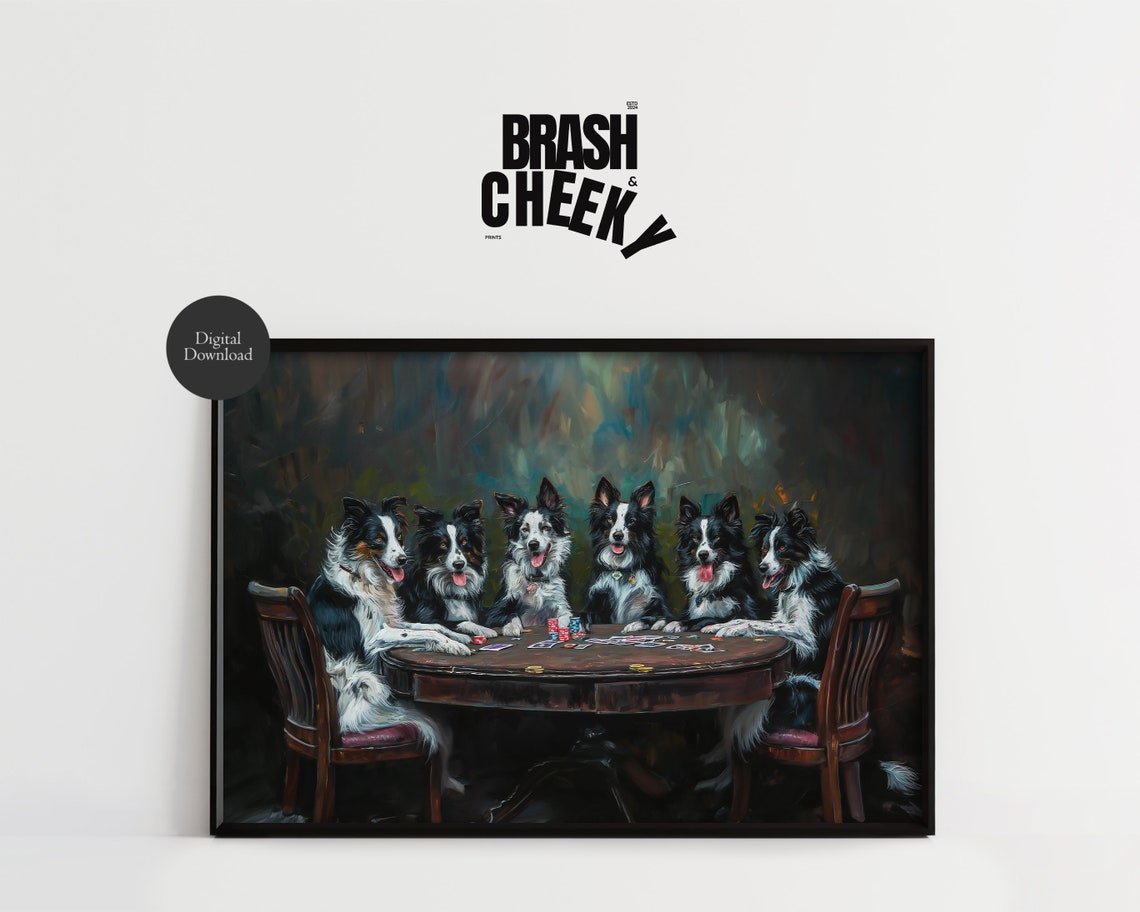 Border Collies Playing Poker Funny Dogs Card Game Decor Poster