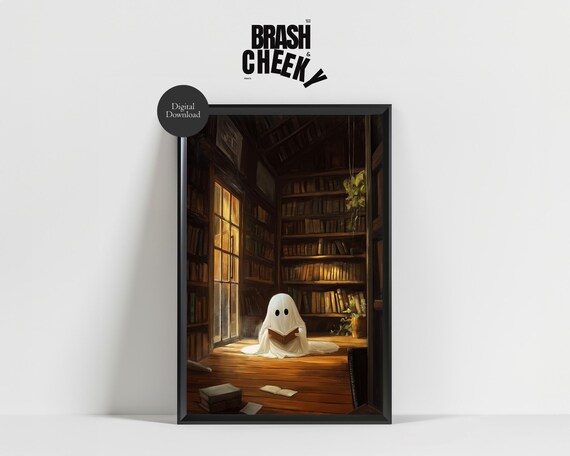 Cute Ghost Reading Book Cozy Library Warm Candlelight Wall Art