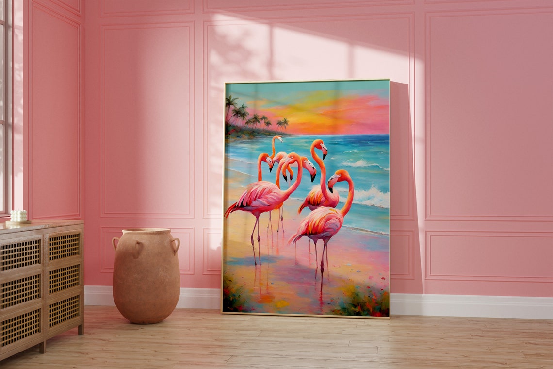 Flamingo Sunset Beach Painting Pink Tropical Bird Decor Poster - Image 2