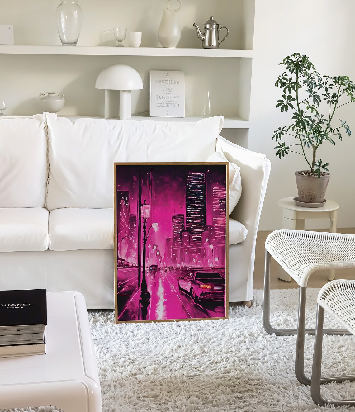 Pink Rainy City Street Night Lampposts Car Cinematic Scene Poster - Image 3