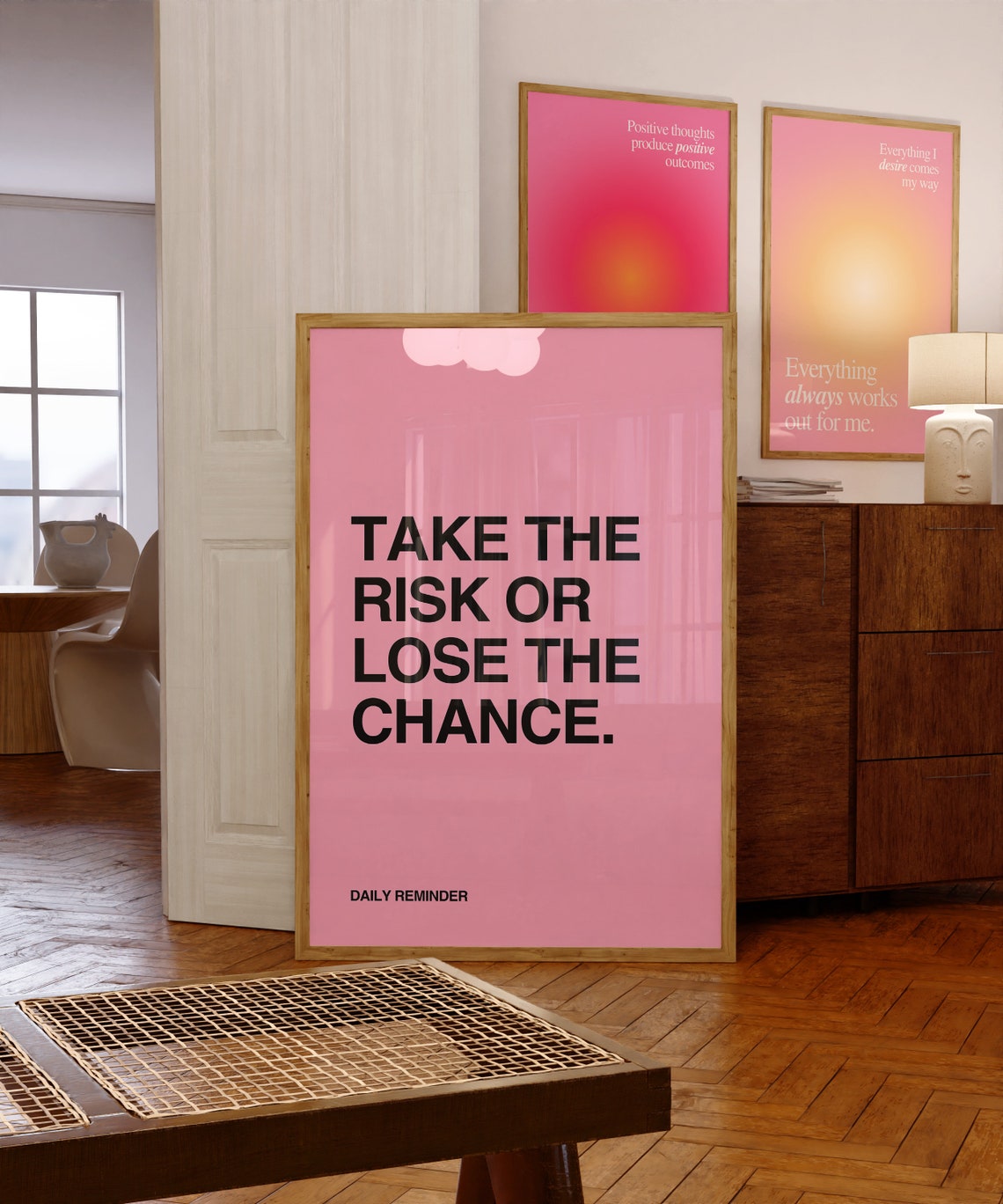 Take The Risk Or Lose The Chance Daily Reminder Pink Quote Poster - Image 3