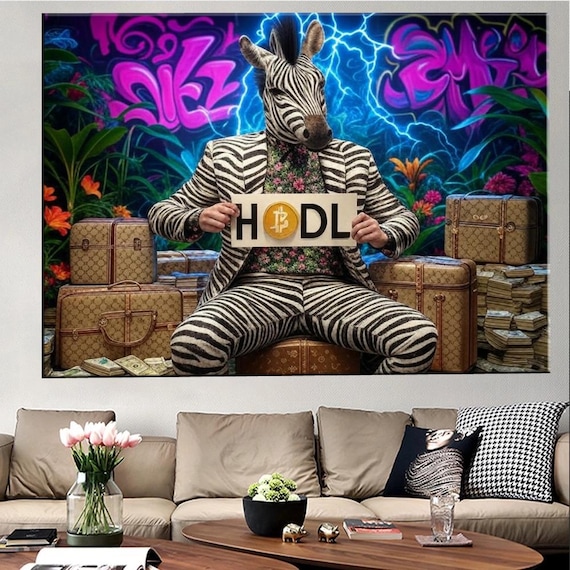 Bitcoin Hodl Pop Art Wilde Zebra In Luxury Suit Graffiti Street Style Bold Crypto Wall Decor For Investors Traders Large Art