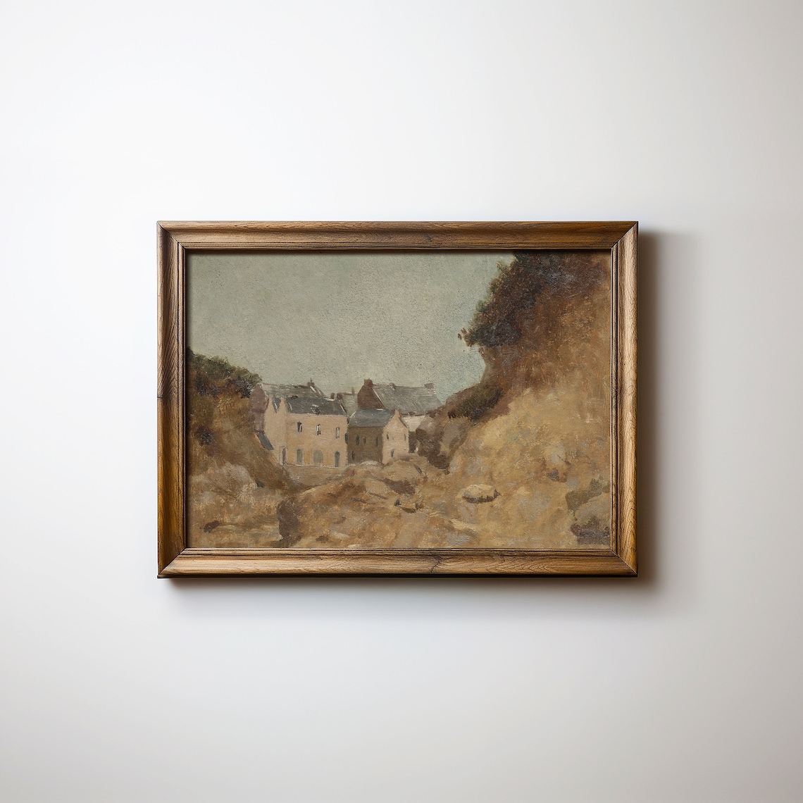 Warm Tone Coastal Fishing Village Rocky Cove Vintage Oil Poster
