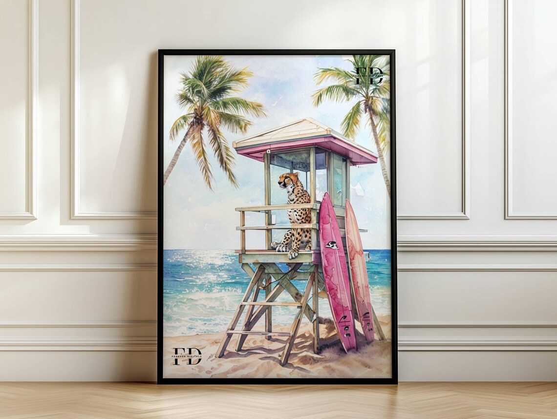 Cheetah Lifeguard Beach Art Print, Tropical Surfing Painting