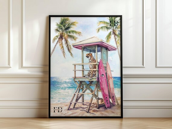 Cheetah Lifeguard Beach Art Print, Tropical Surfing Painting