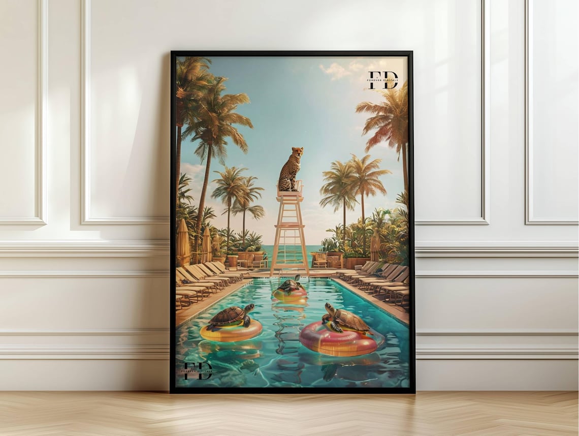 Tropical Pool Party Cheetah And Sea Turtles Summer Wall Poster