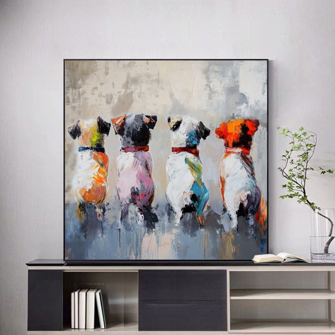 Four Colorful Dogs Sitting Together Playful Pet Portrait Poster