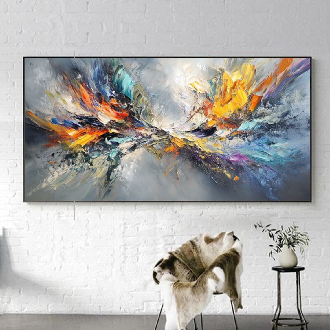 Soft Gray Abstract With Fiery Orange And Blue Brushstrokes Art Poster