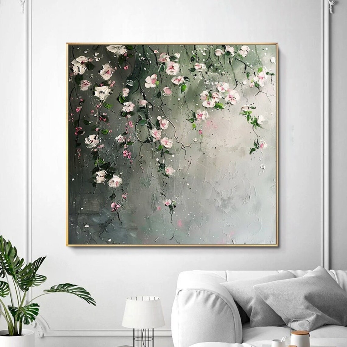 White Pink Roses Minimalist Blossom Branch Square Art Painting Poster