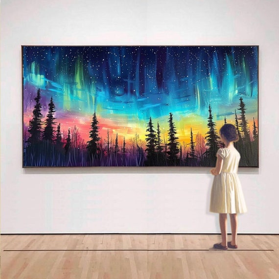 Hand Painted Oil Painting Moonlit Pine Forest Under A Brilliant Night Sky Textured Wall Art For Living Room Entryway Dining Room