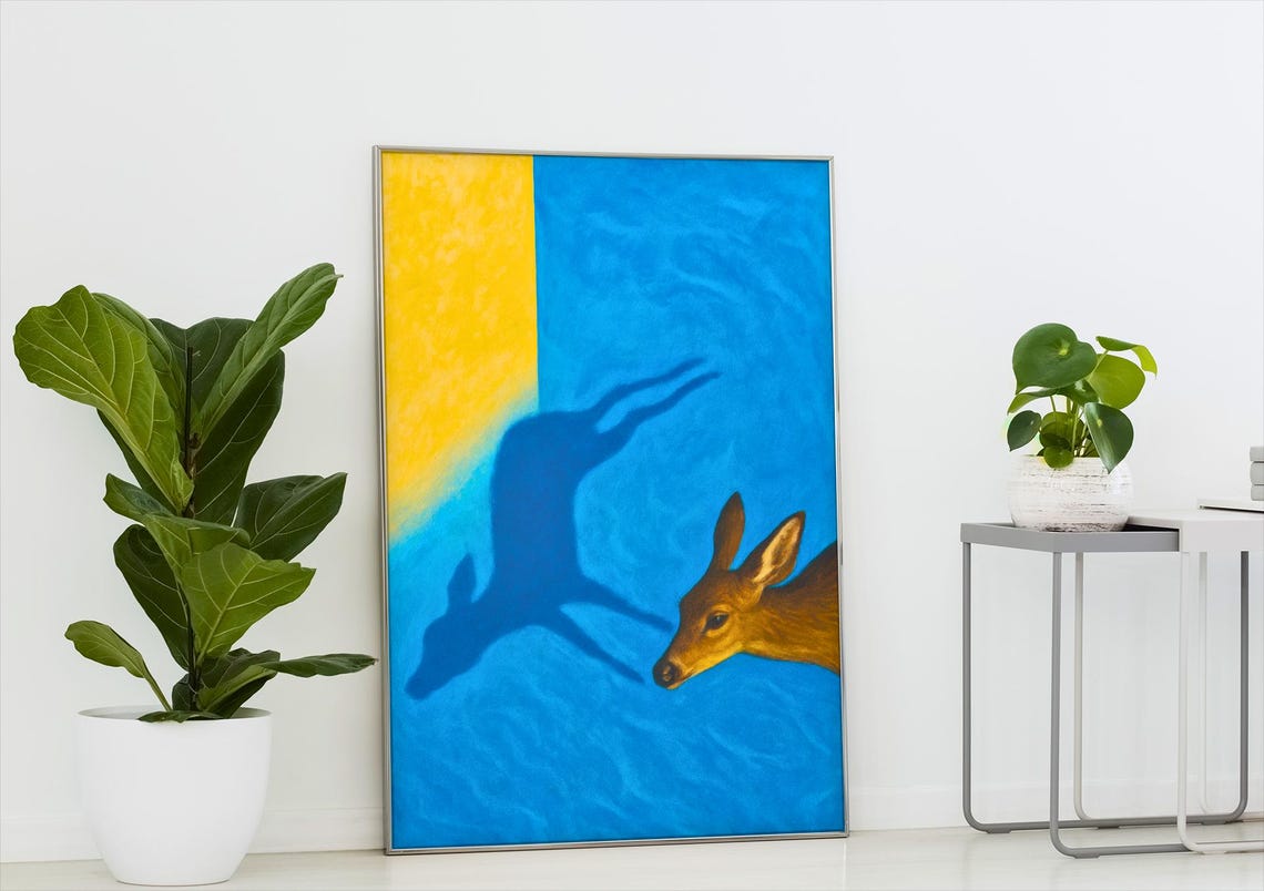 Minimalist Deer Shadow Art Print Surreal Blue Yellow Wall Decor