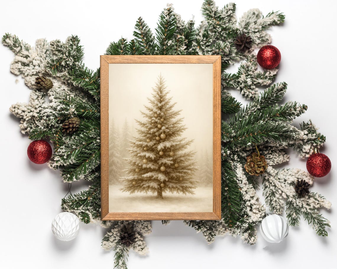 Vintage Snowy Christmas Tree Neutral Beige Winter Holiday Poster