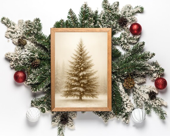 Vintage Snowy Christmas Tree Neutral Beige Winter Holiday Poster