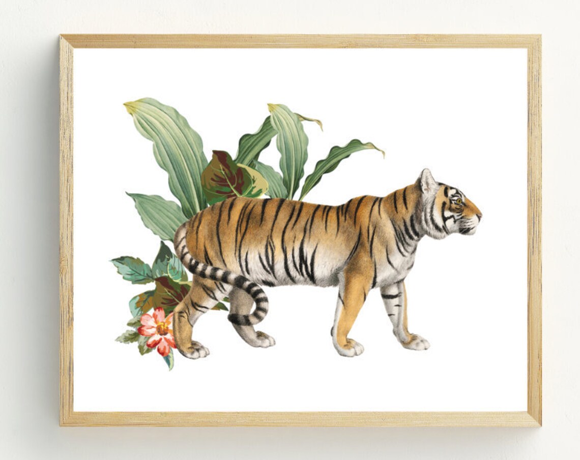 Tiger Walking Tropical Leaves Botanical Illustration Jungle Wildlife Art Print
